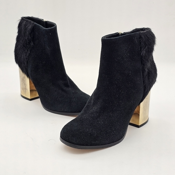 Furla Womens Ankle Bootie Round Toe Zip Side Gold Heels Leather Black Size 35.5 - Picture 3 of 14